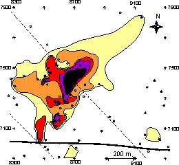 Distribution d'or natif á la sediments alluviaux