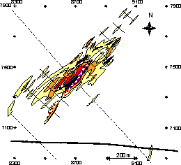 Distribution of native gold in eluvial sediments
