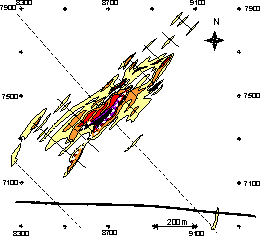 Distribution d'or natif á la sediments éluviaux